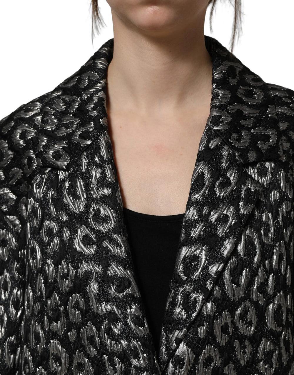 Dolce & Gabbana Black Silver Jacquard Leopard Coat Jacket - IT38 | XS