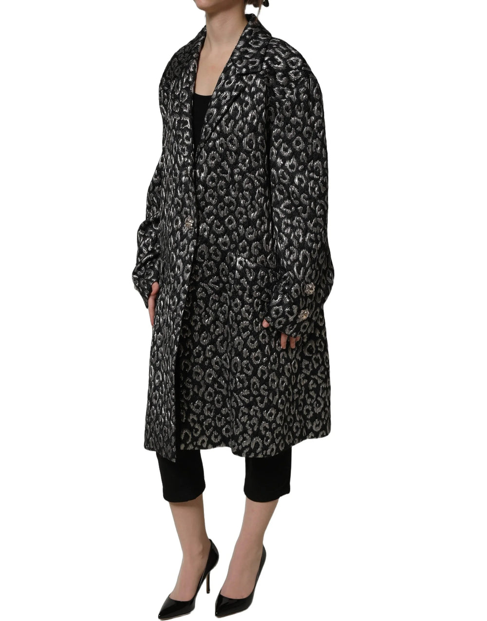 Dolce & Gabbana Black Silver Jacquard Leopard Coat Jacket - IT38 | XS