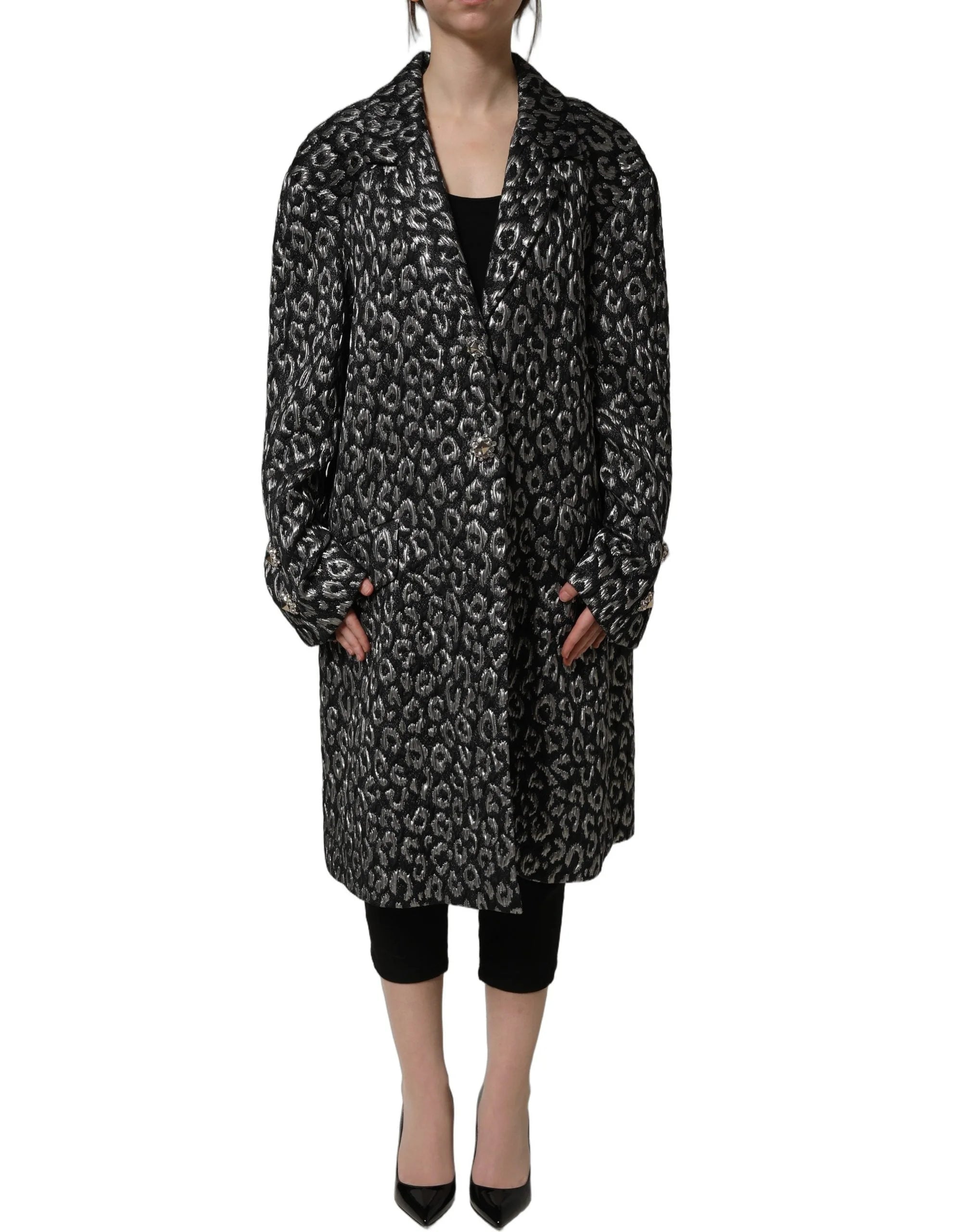 Dolce & Gabbana Black Silver Jacquard Leopard Coat Jacket - IT38 | XS