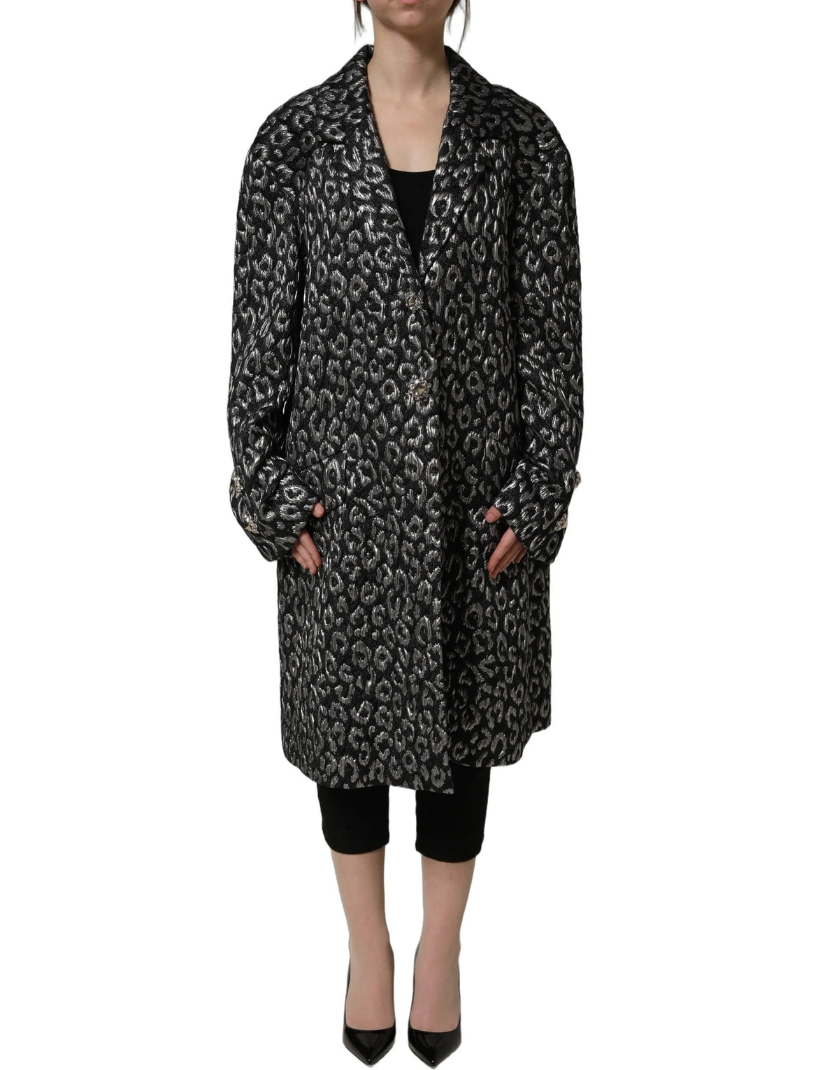 Dolce & Gabbana Black Silver Jacquard Leopard Coat Jacket - IT38 | XS