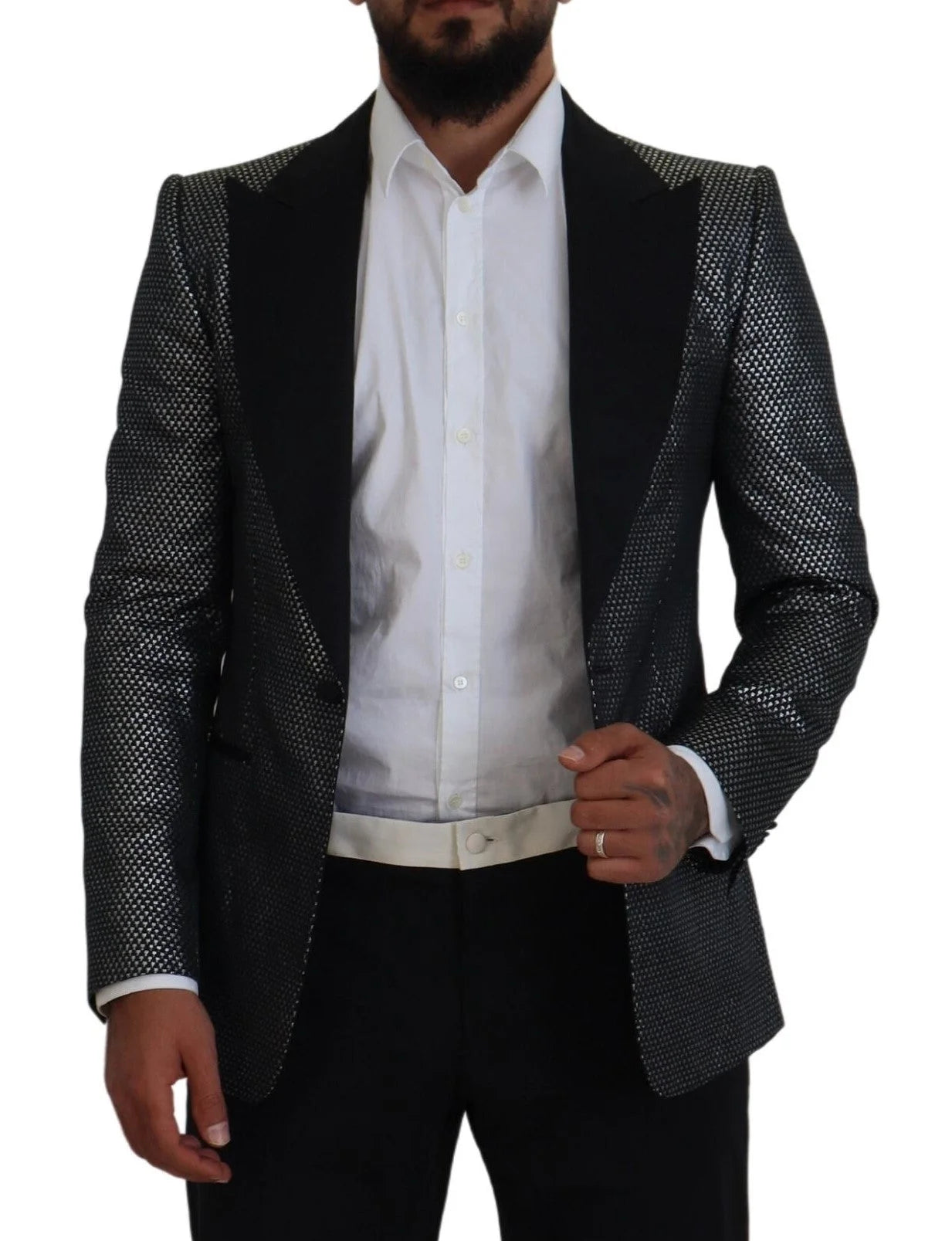 Dolce & Gabbana Black Silver Jacquard Slim Fit Jacket Blazer - Sport Jackets
