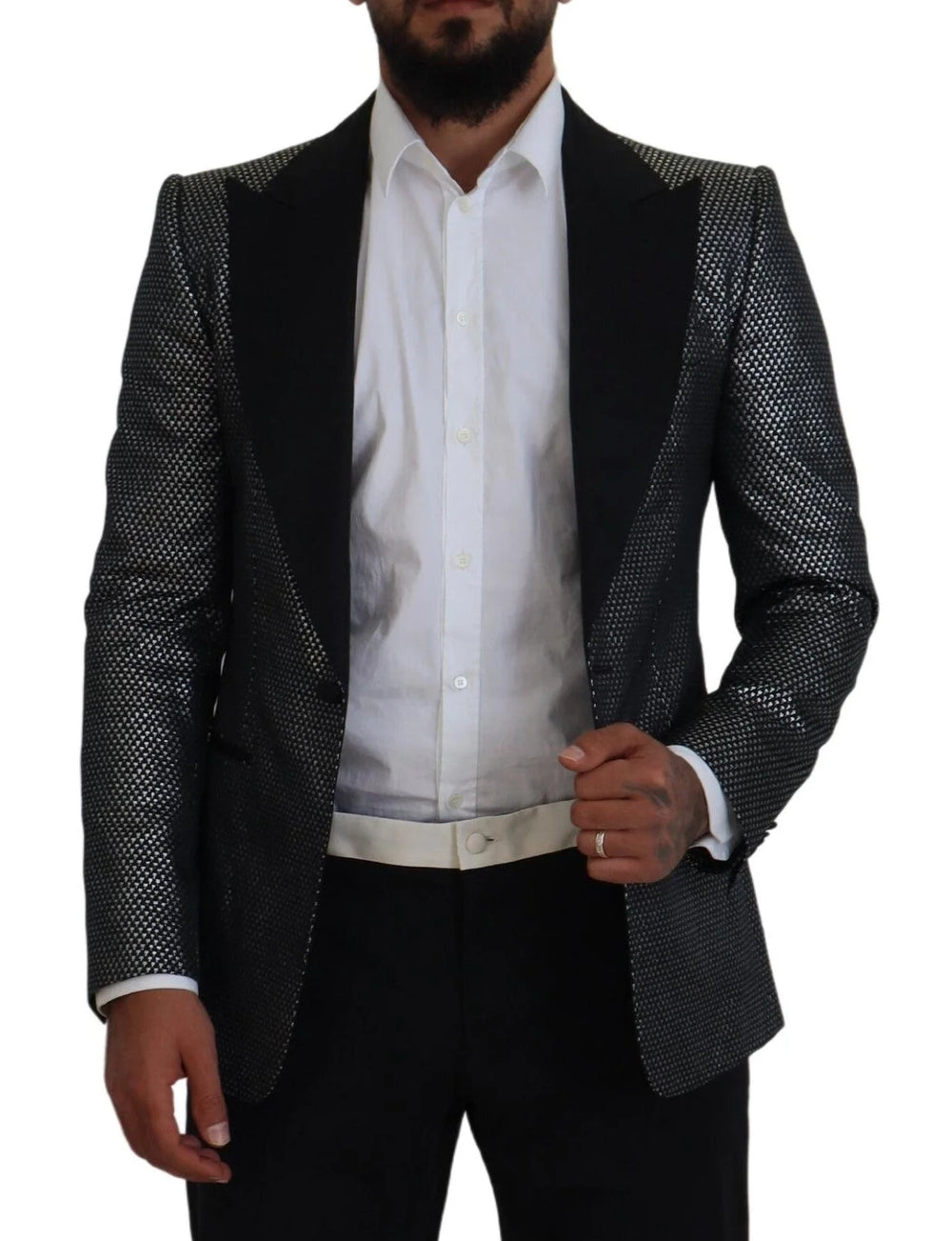 Dolce & Gabbana Black Silver Jacquard Slim Fit Jacket Blazer - Sport Jackets