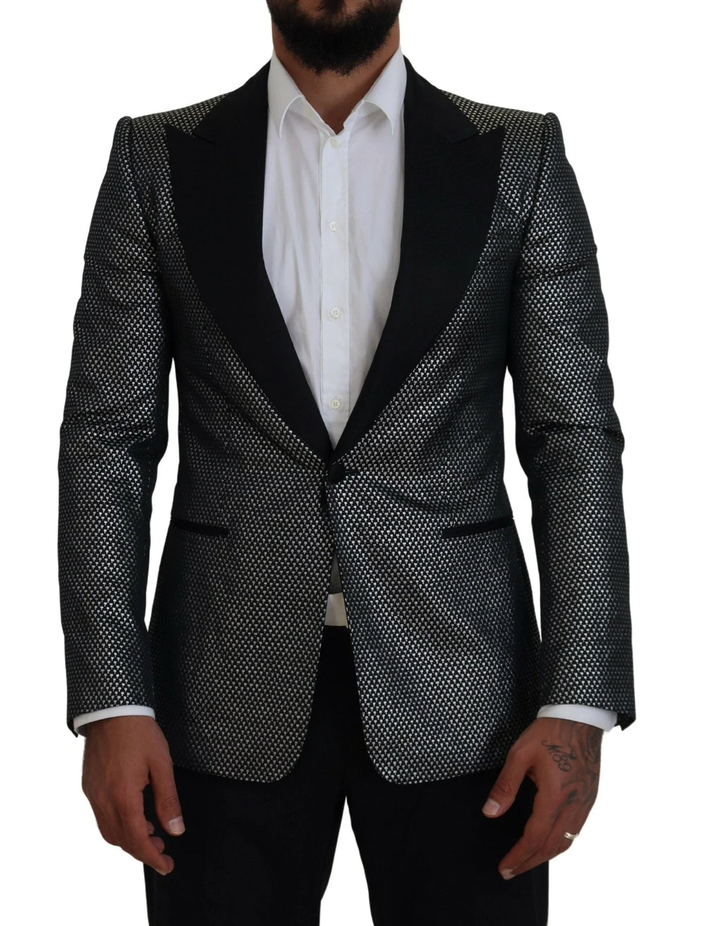 Dolce & Gabbana Black Silver Jacquard Slim Fit Jacket Blazer - Sport Jackets