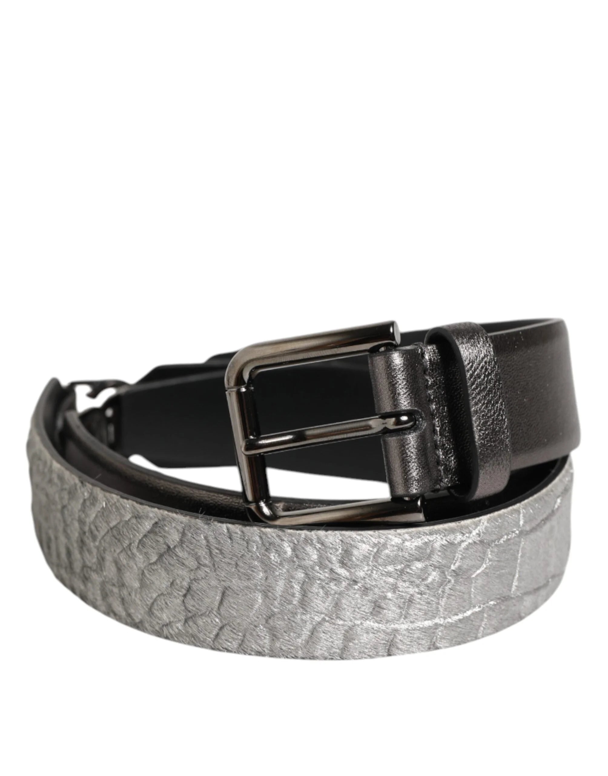 Dolce & Gabbana Black Silver Pebbled Texture Leather Buckle Men Belt - 85 cm / 34 Inches - Belts