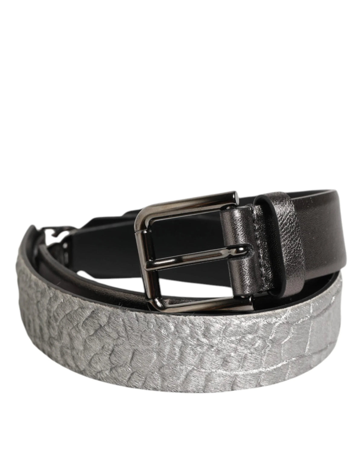 Dolce & Gabbana Black Silver Pebbled Texture Leather Buckle Men Belt - 85 cm / 34 Inches - Belts