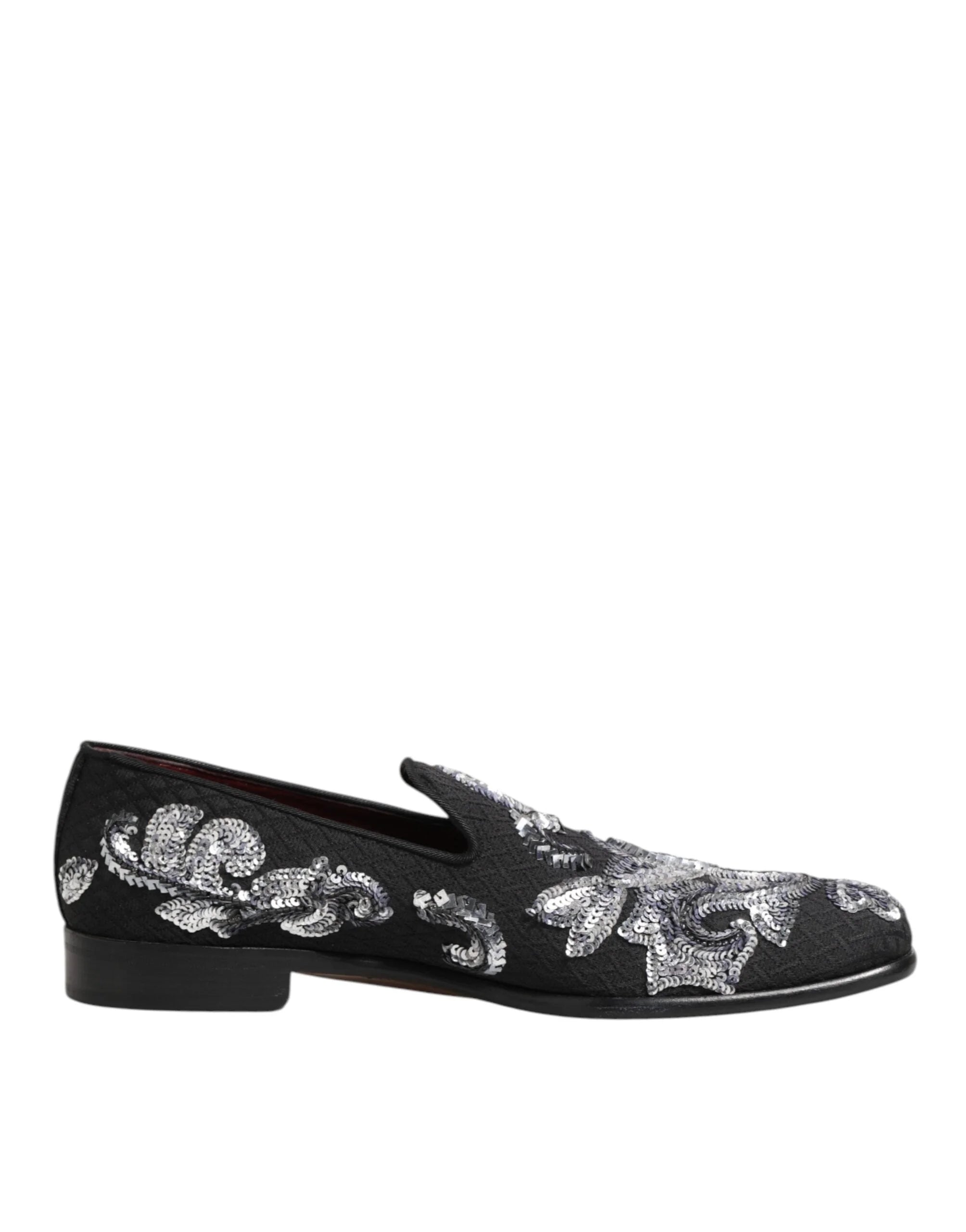 Dolce & Gabbana Black Silver Sequined Loafers Men Dress Shoes - EU44/US11 - Flats
