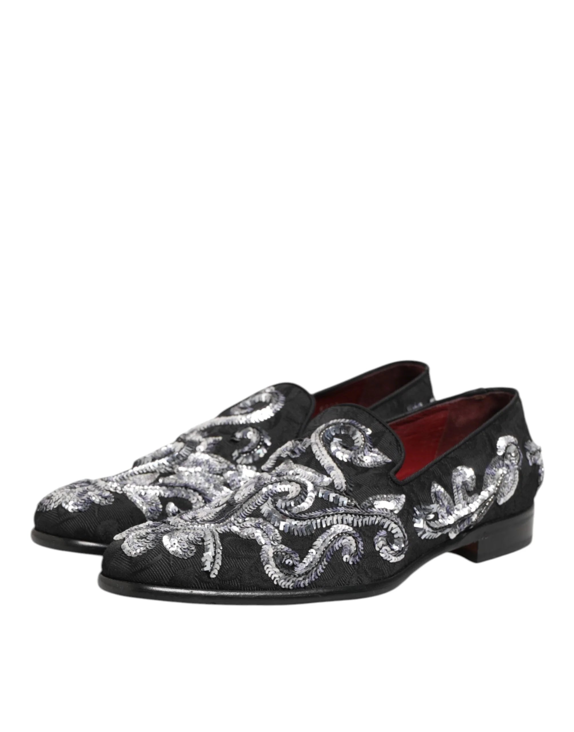 Dolce & Gabbana Black Silver Sequined Loafers Men Dress Shoes - EU44/US11 - Flats