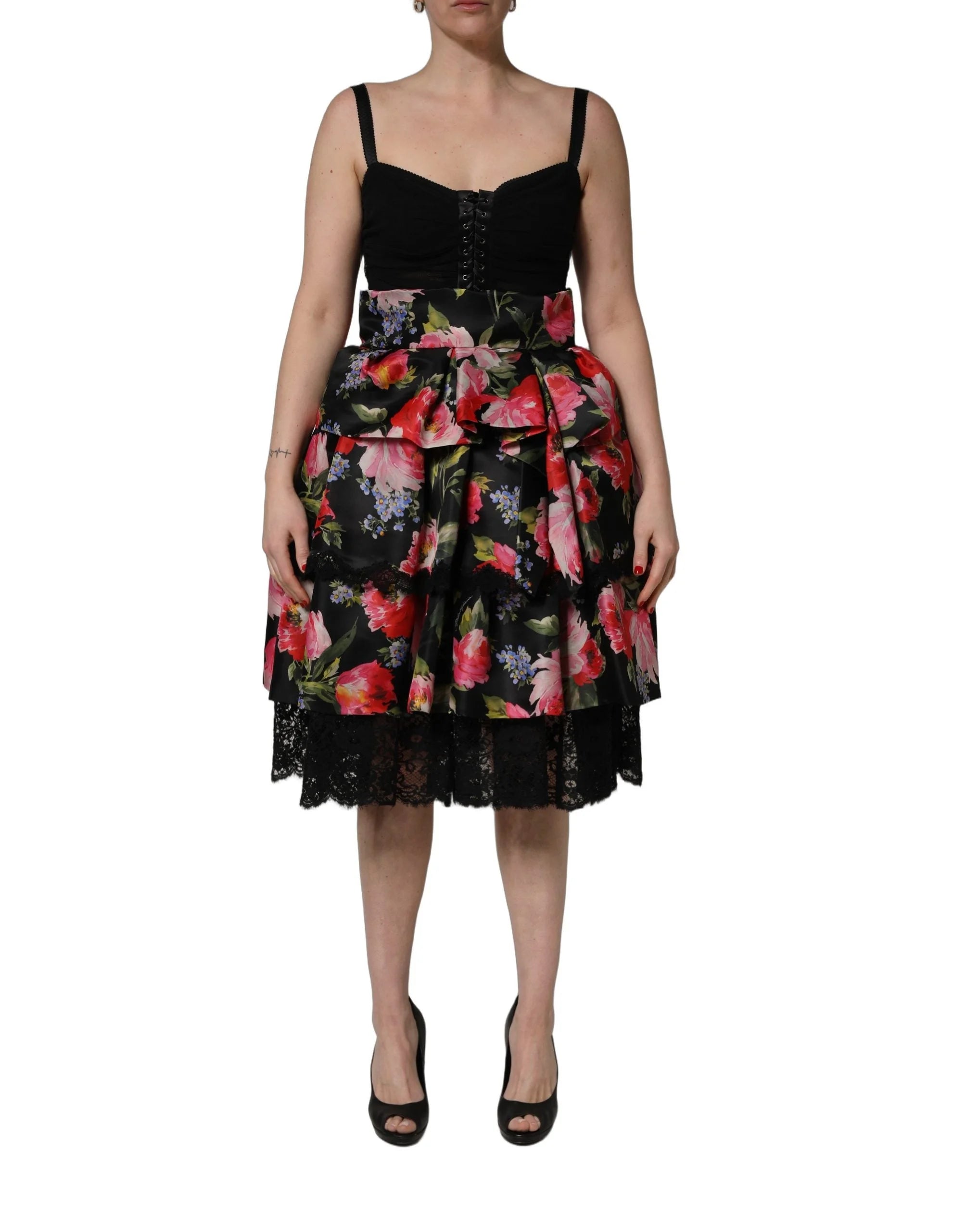 Dolce & Gabbana Black Sleeveless Bustier Floral Print Tiered Dress - IT40|S