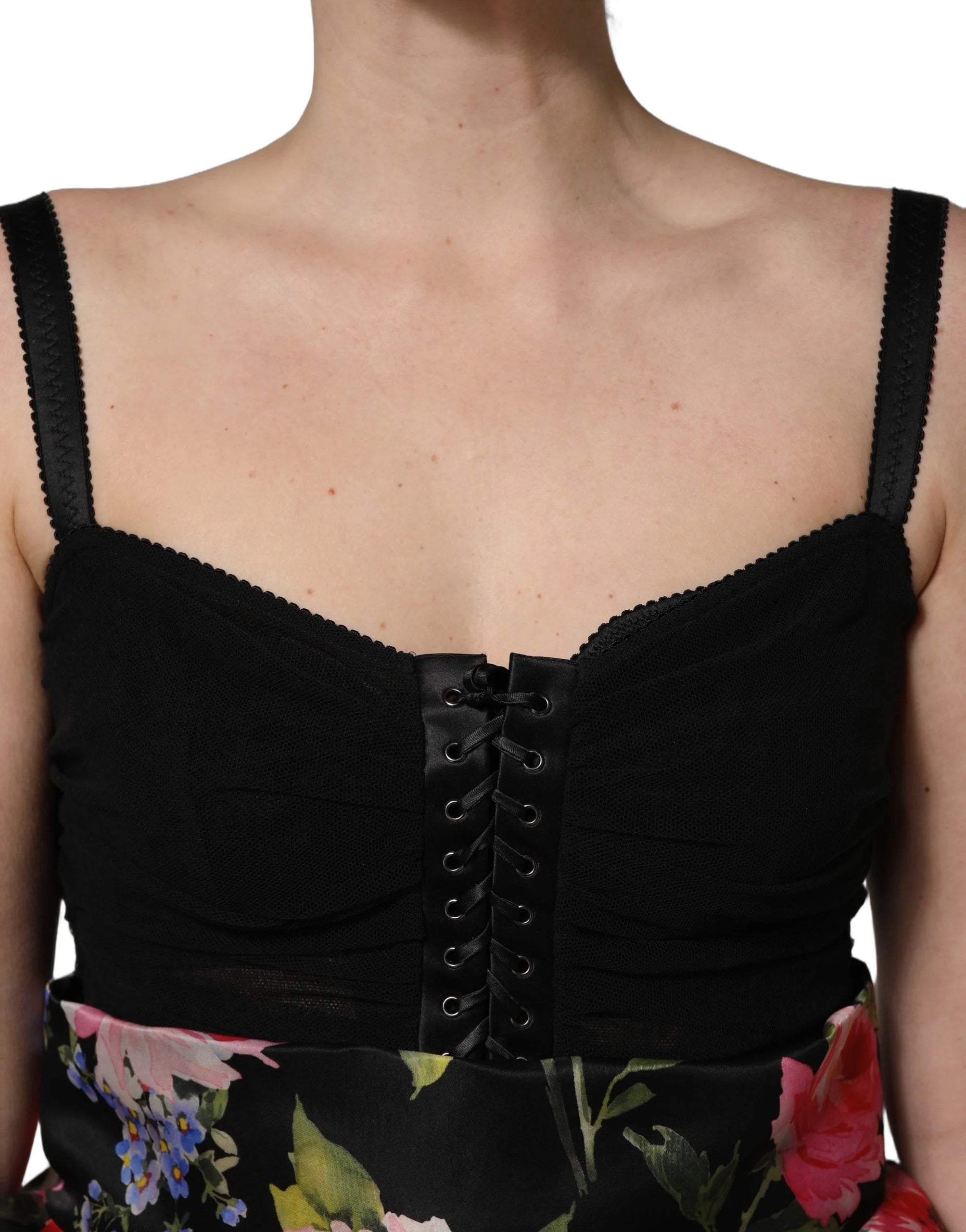 Dolce & Gabbana Black Sleeveless Bustier Floral Print Tiered Dress - IT40|S