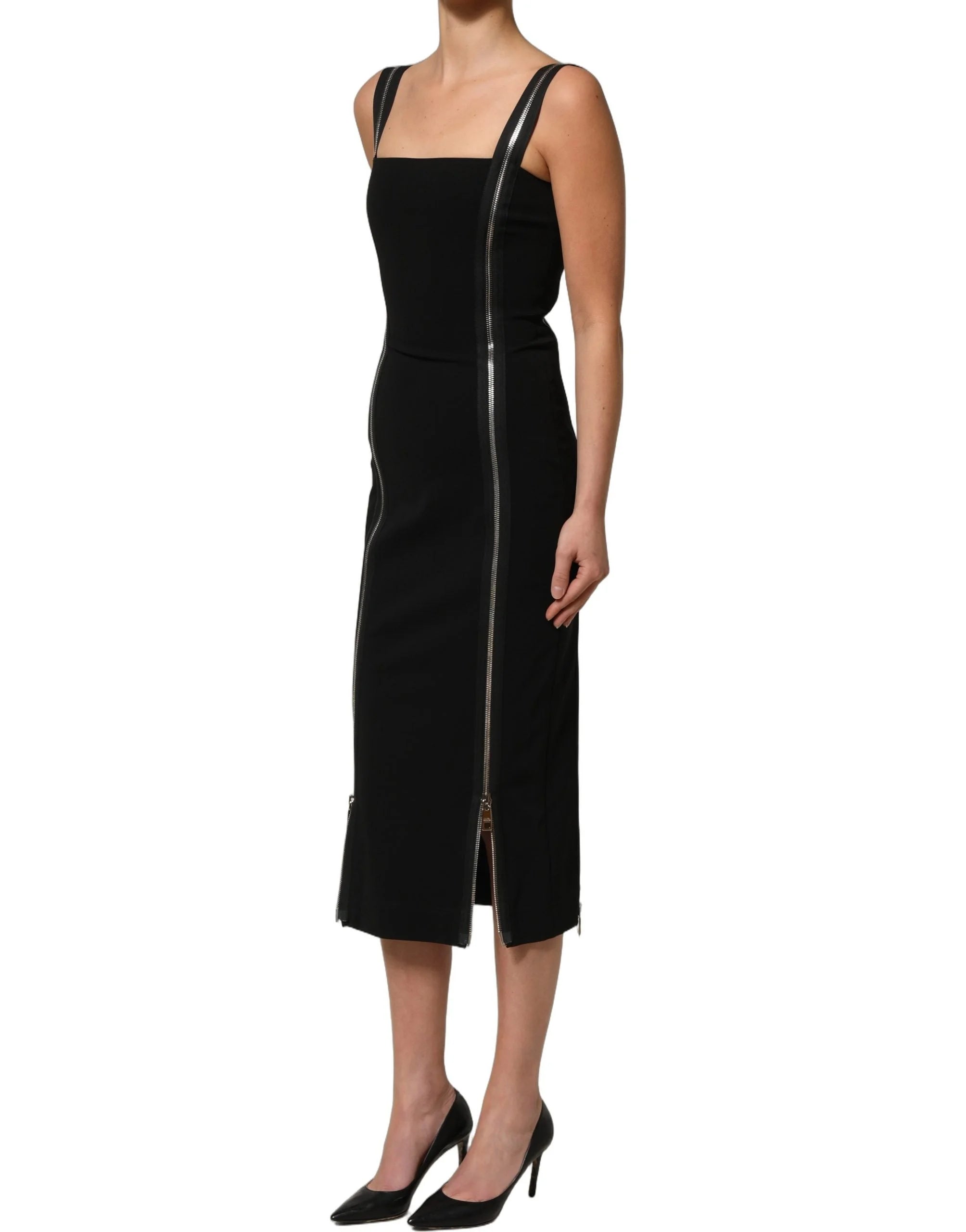 Dolce & Gabbana Black Sleeveless Front Zipper Midi Dress - IT40|S