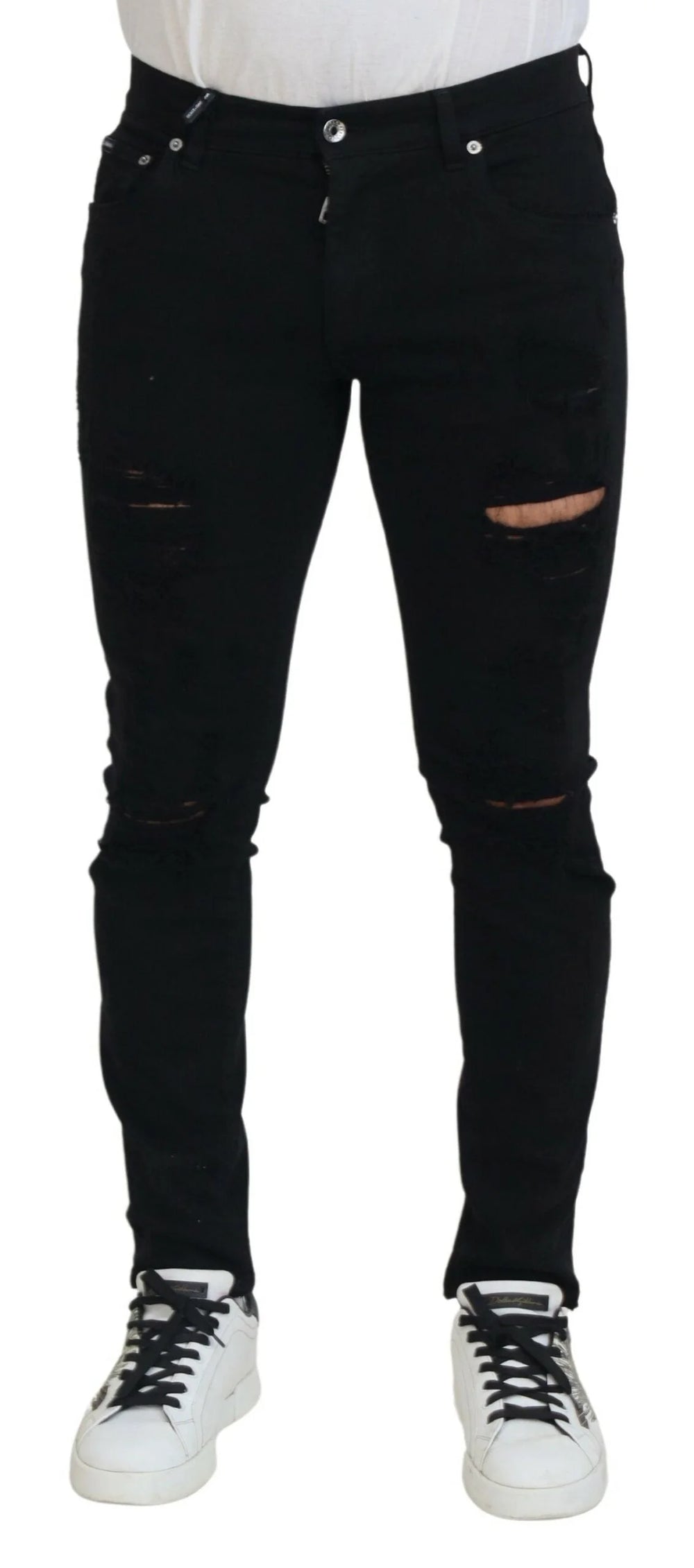Dolce & Gabbana Black Slim Fit Tattered Denim Cotton Jeans - IT48 | M - Jeans