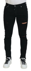 Dolce & Gabbana Black Slim Fit Tattered Denim Cotton Jeans - IT48 | M - Jeans