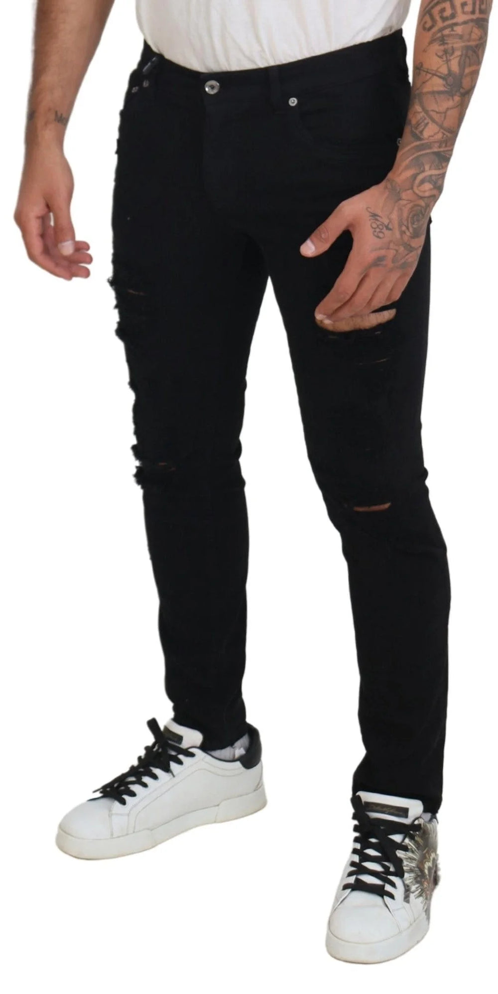 Dolce & Gabbana Black Slim Fit Tattered Denim Cotton Jeans - IT48 | M - Jeans