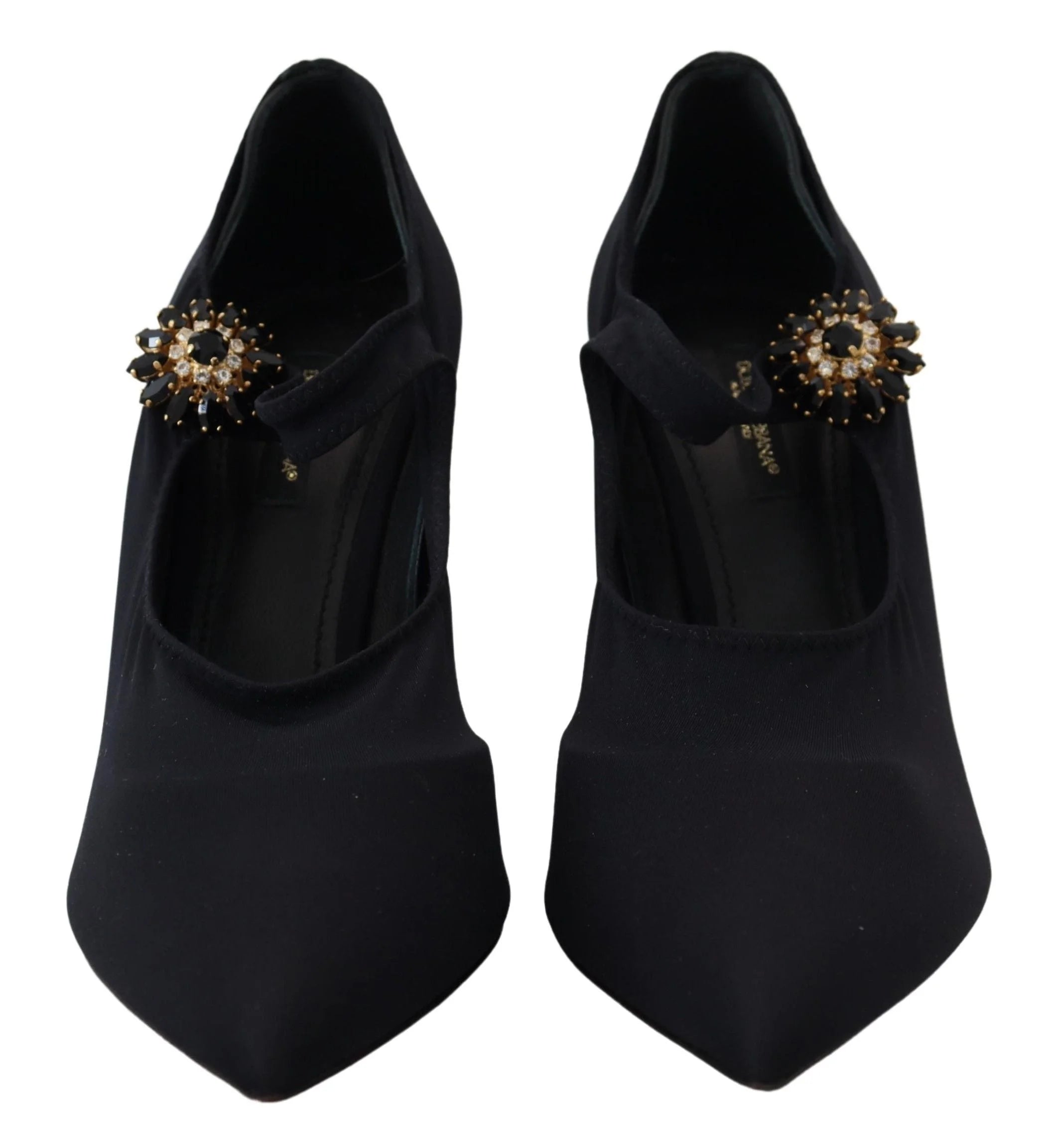 Detaljeret udsigt over stiletthælen og lædersålens håndværk på disse Dolce & Gabbana italiensk-producerede aften-sko.