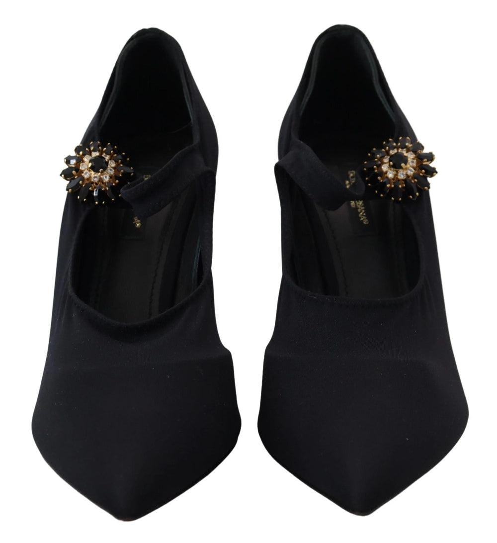 Detaljeret udsigt over stiletthælen og lædersålens håndværk på disse Dolce & Gabbana italiensk-producerede aften-sko.