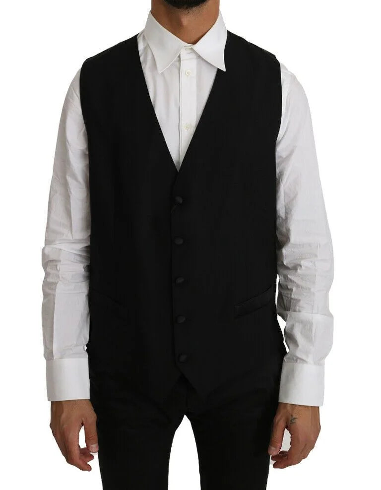Dolce & Gabbana Black Solid Wool Silk Vest - Vests