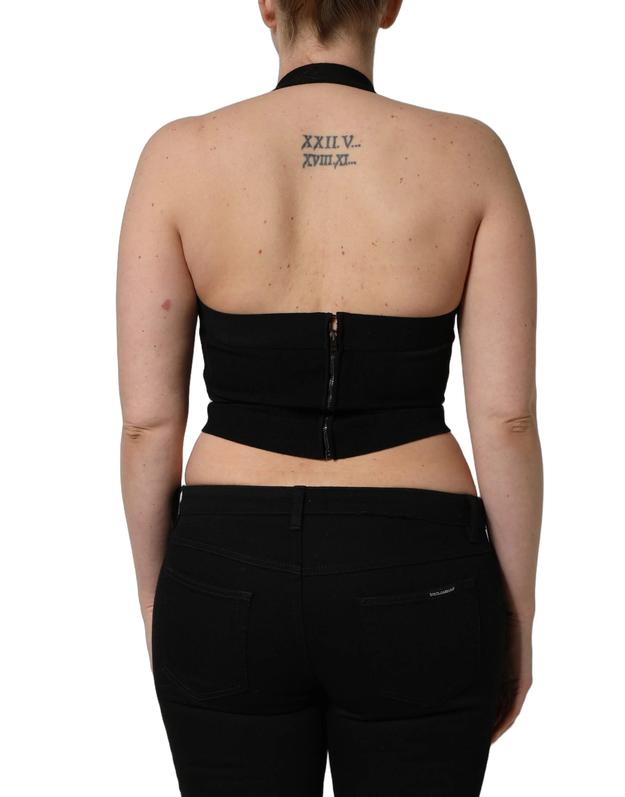Dolce & Gabbana Black Square Neck Halter Cropped Tank Top - IT40|S