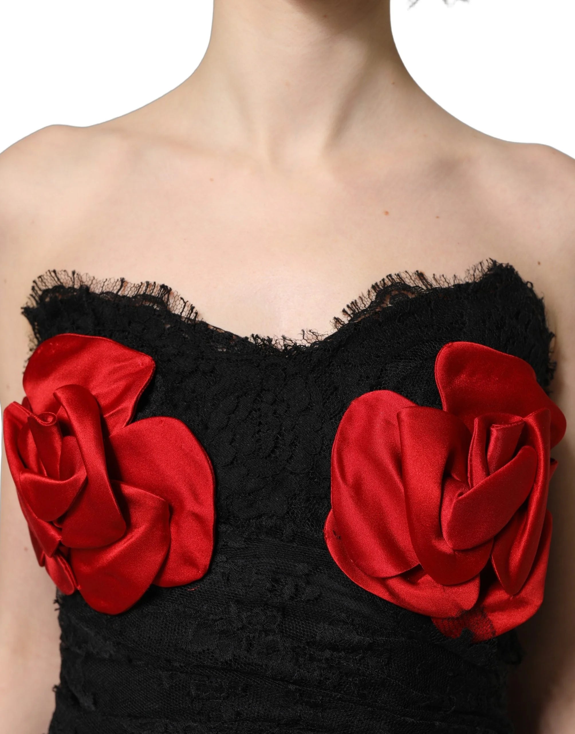 Dolce & Gabbana Black Strapless Red Rose Sequined Midi Dress - IT38 | XS