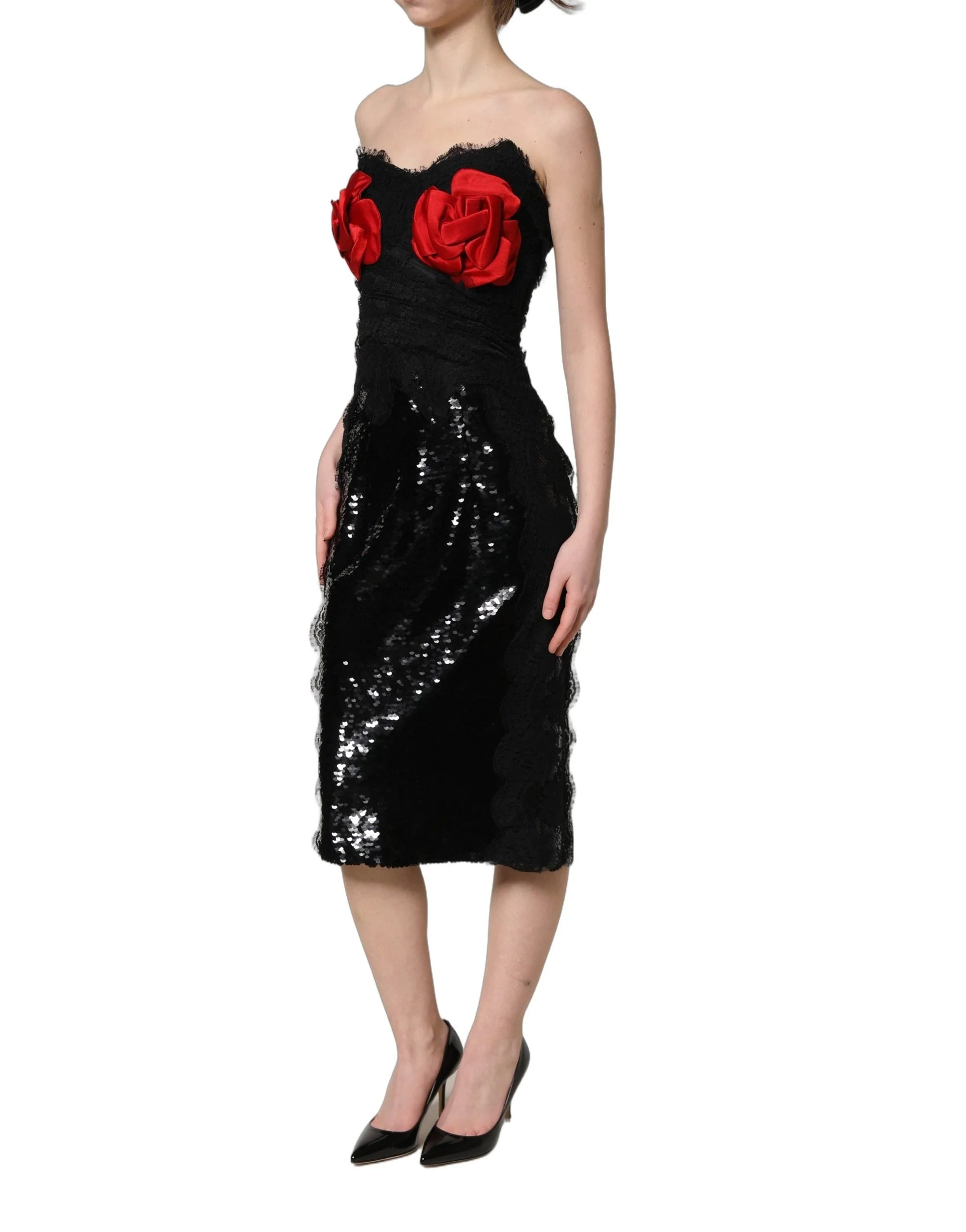 Dolce & Gabbana Black Strapless Red Rose Sequined Midi Dress - IT38 | XS