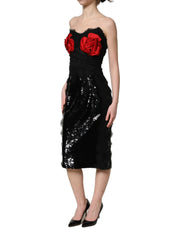 Dolce & Gabbana Black Strapless Red Rose Sequined Midi Dress - IT38 | XS