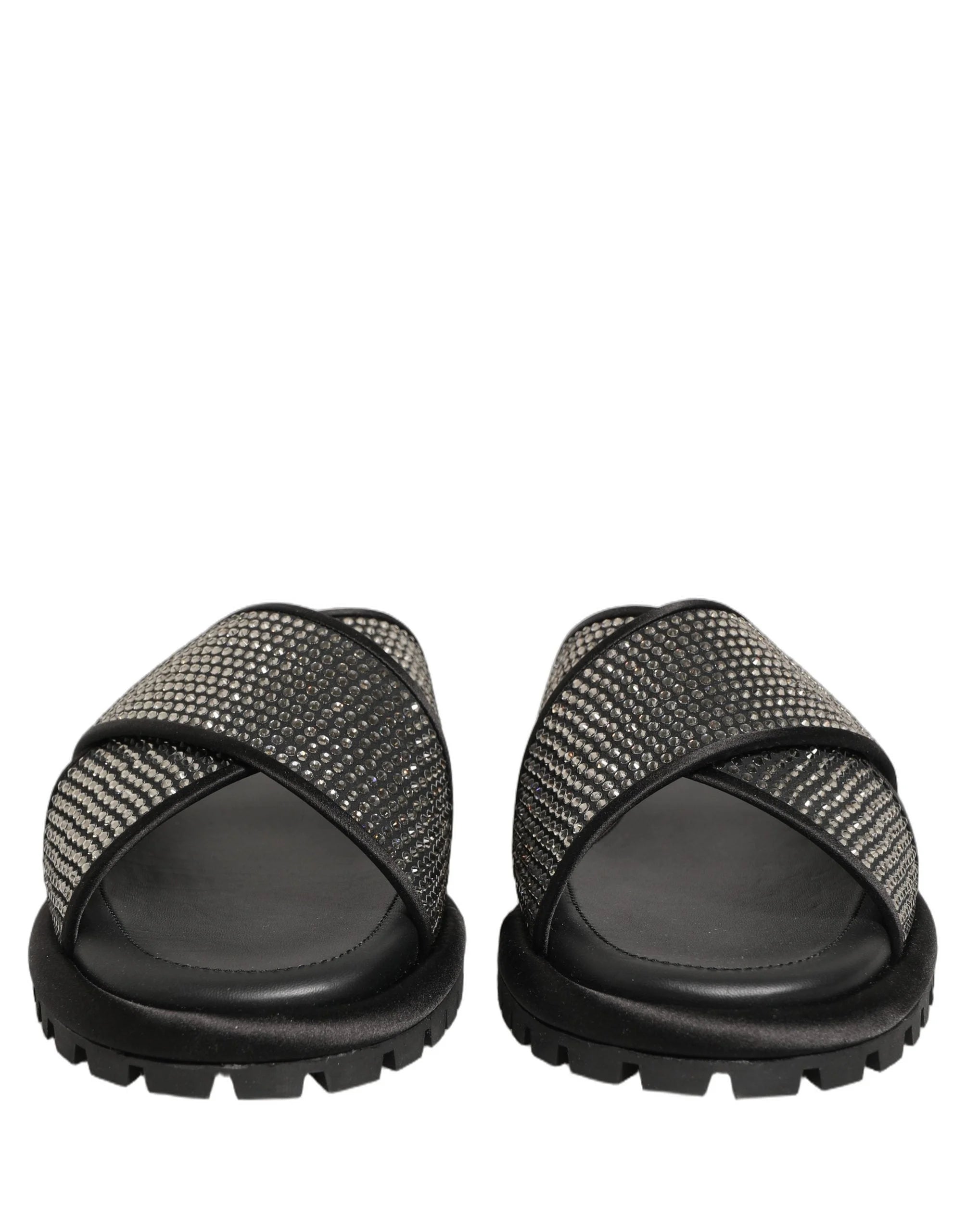 Dolce & Gabbana Black Strass Criss Cross Slide Sandals Shoes - EU44/US11