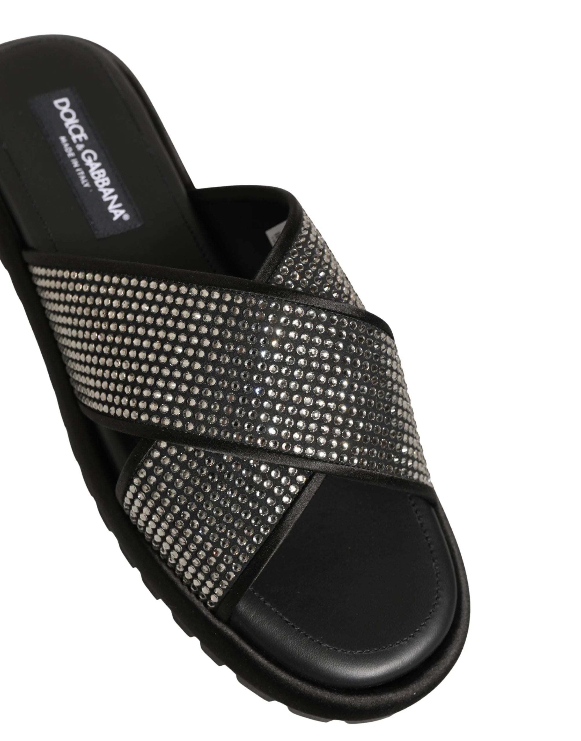 Dolce & Gabbana Black Strass Criss Cross Slide Sandals Shoes - EU44/US11