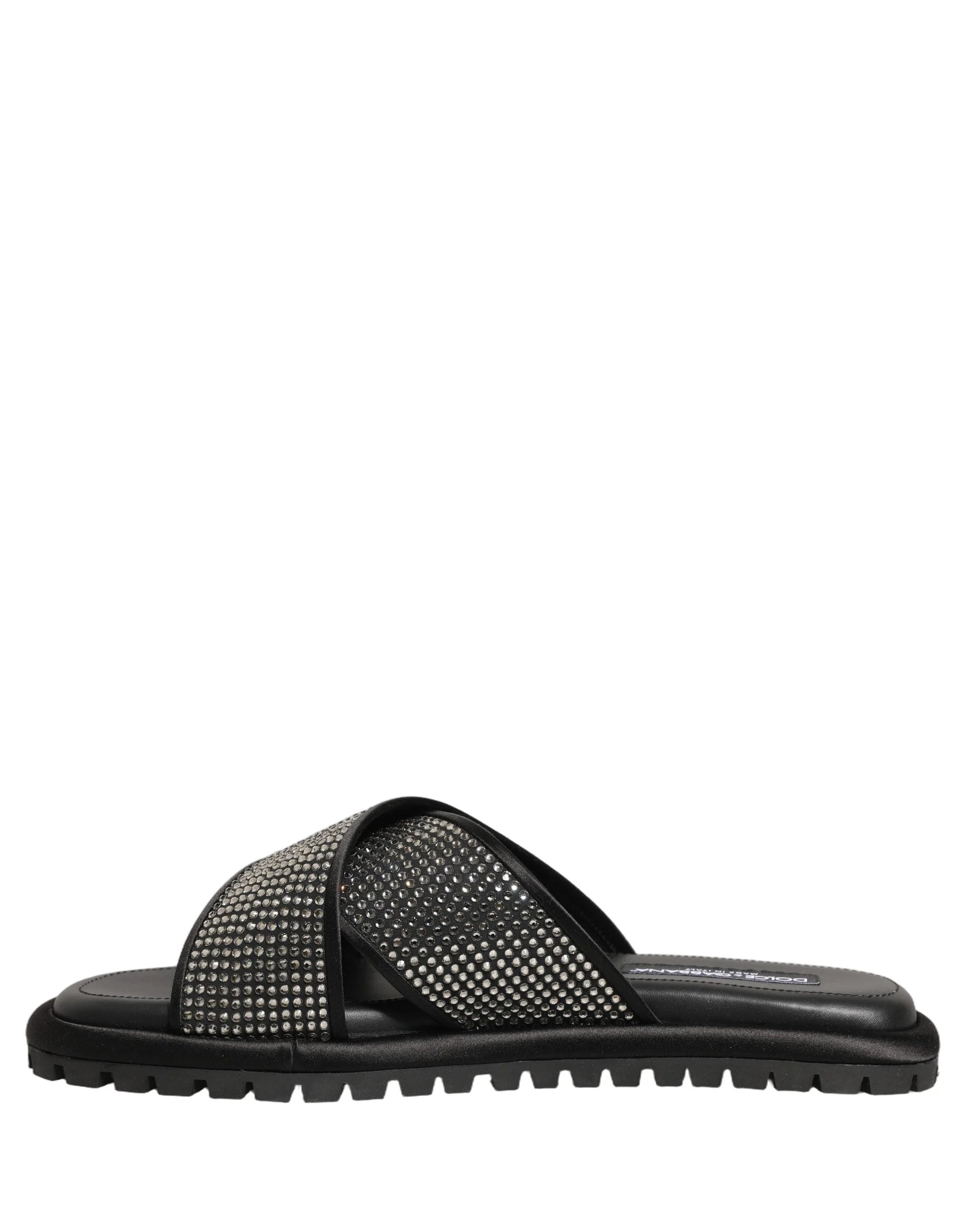 Dolce & Gabbana Black Strass Criss Cross Slide Sandals Shoes - EU44/US11