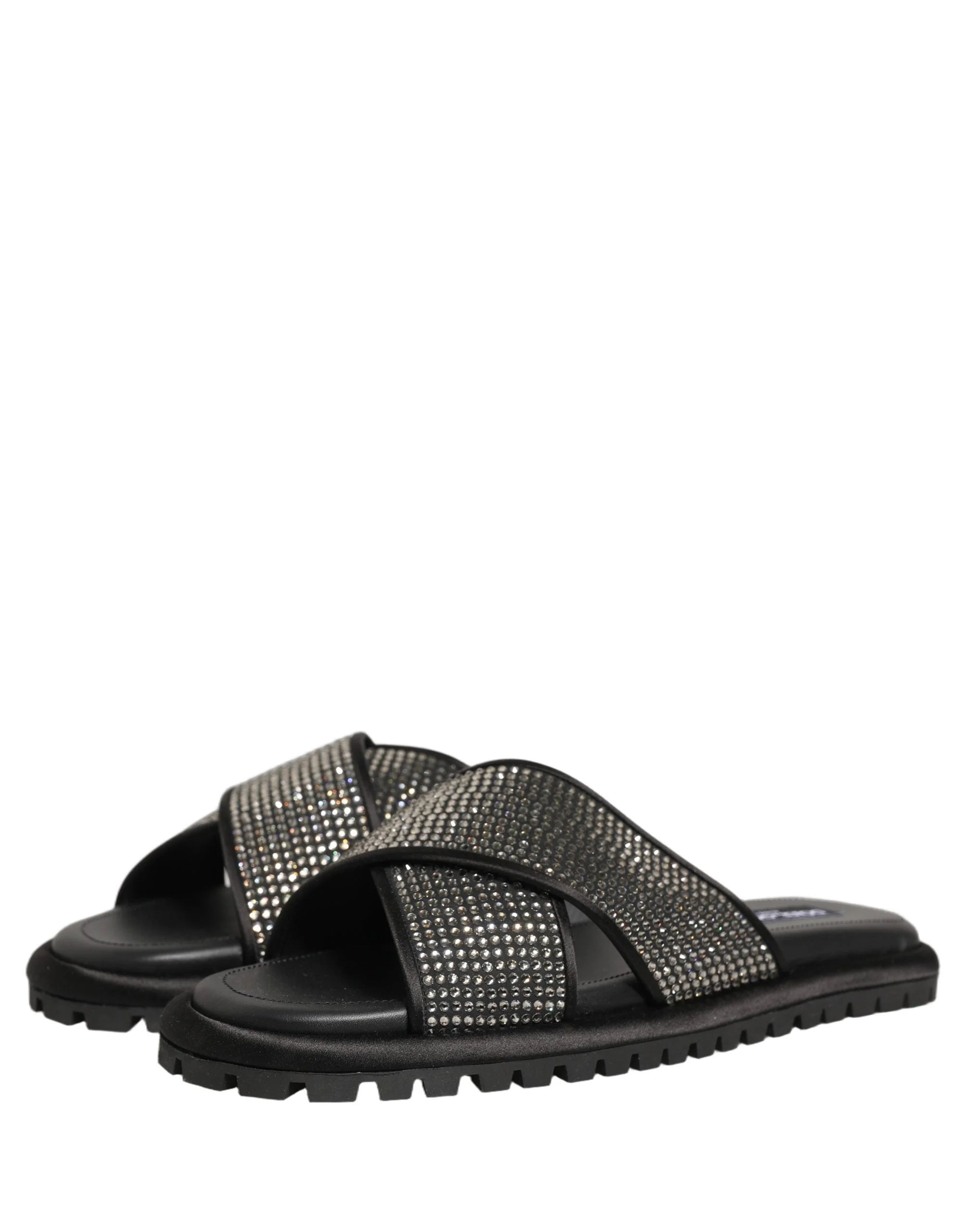 Dolce & Gabbana Black Strass Criss Cross Slide Sandals Shoes - EU44/US11
