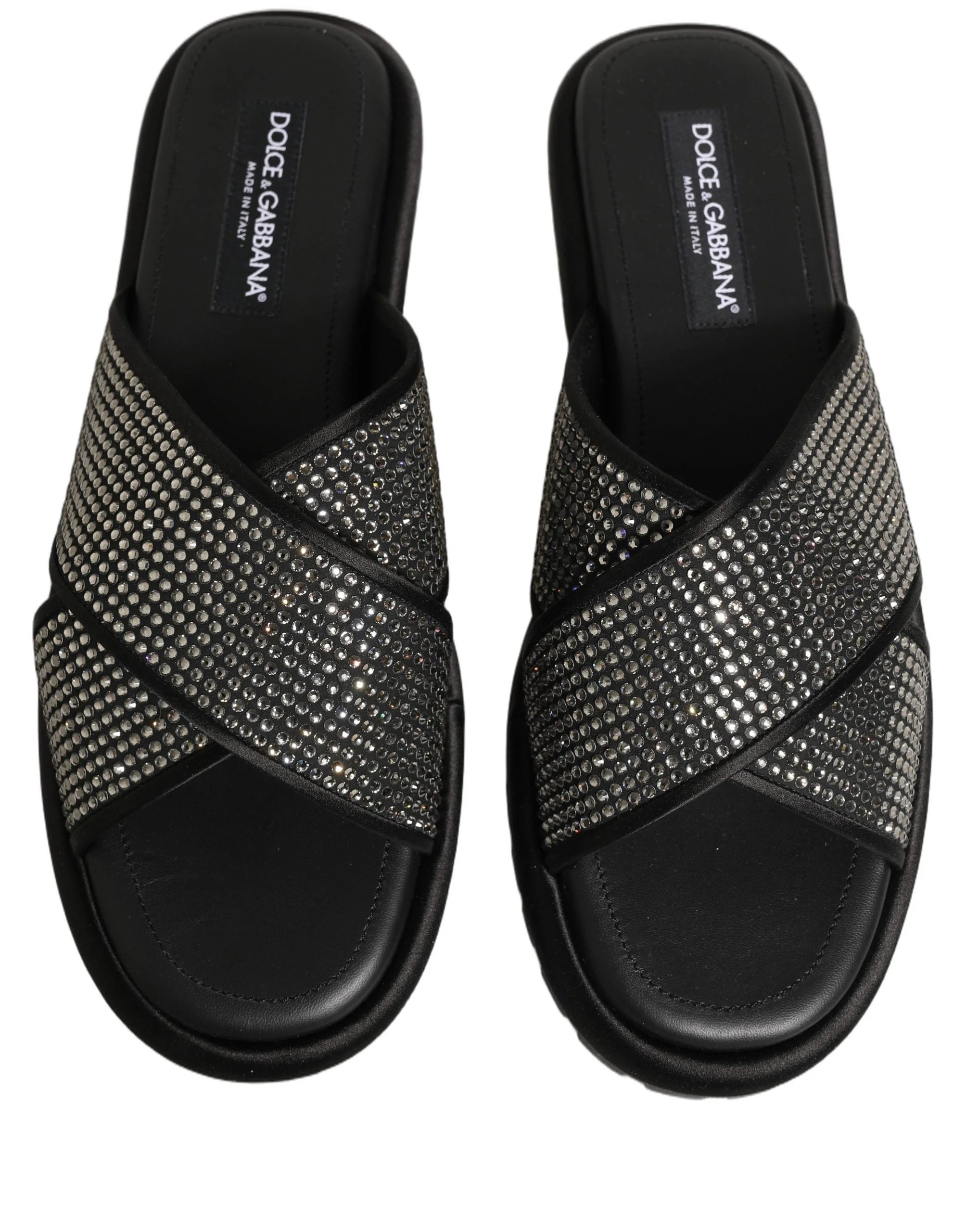 Dolce & Gabbana Black Strass Criss Cross Slide Sandals Shoes - EU44/US11