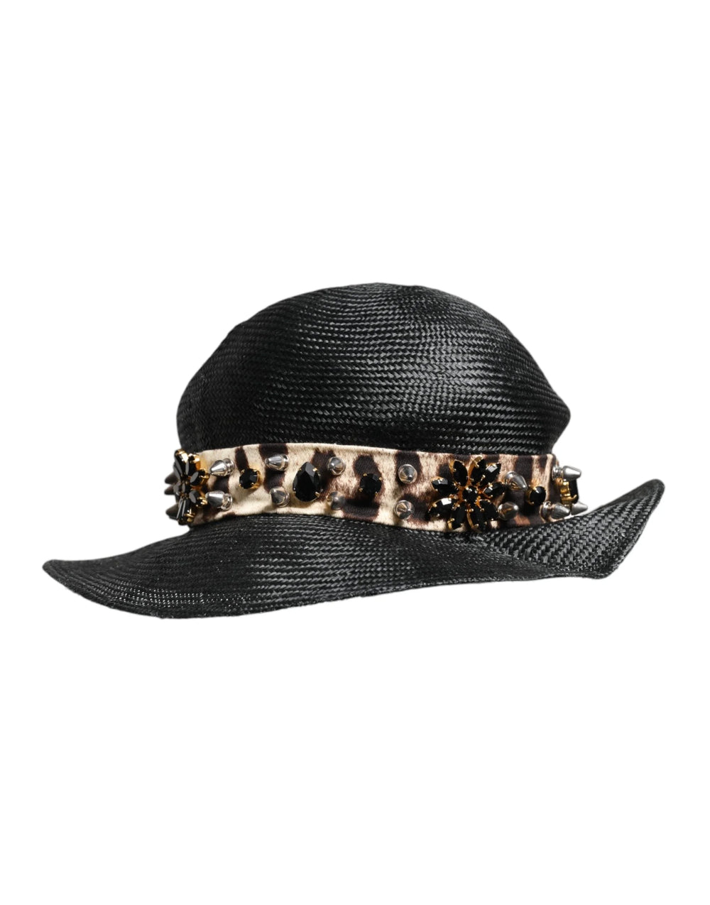 מבט אחורי על כובע השמש השחור של Dolce & Gabbana, המדגיש את האריגה החלקה של שילוב הקש והכותנה היוקרתי.
