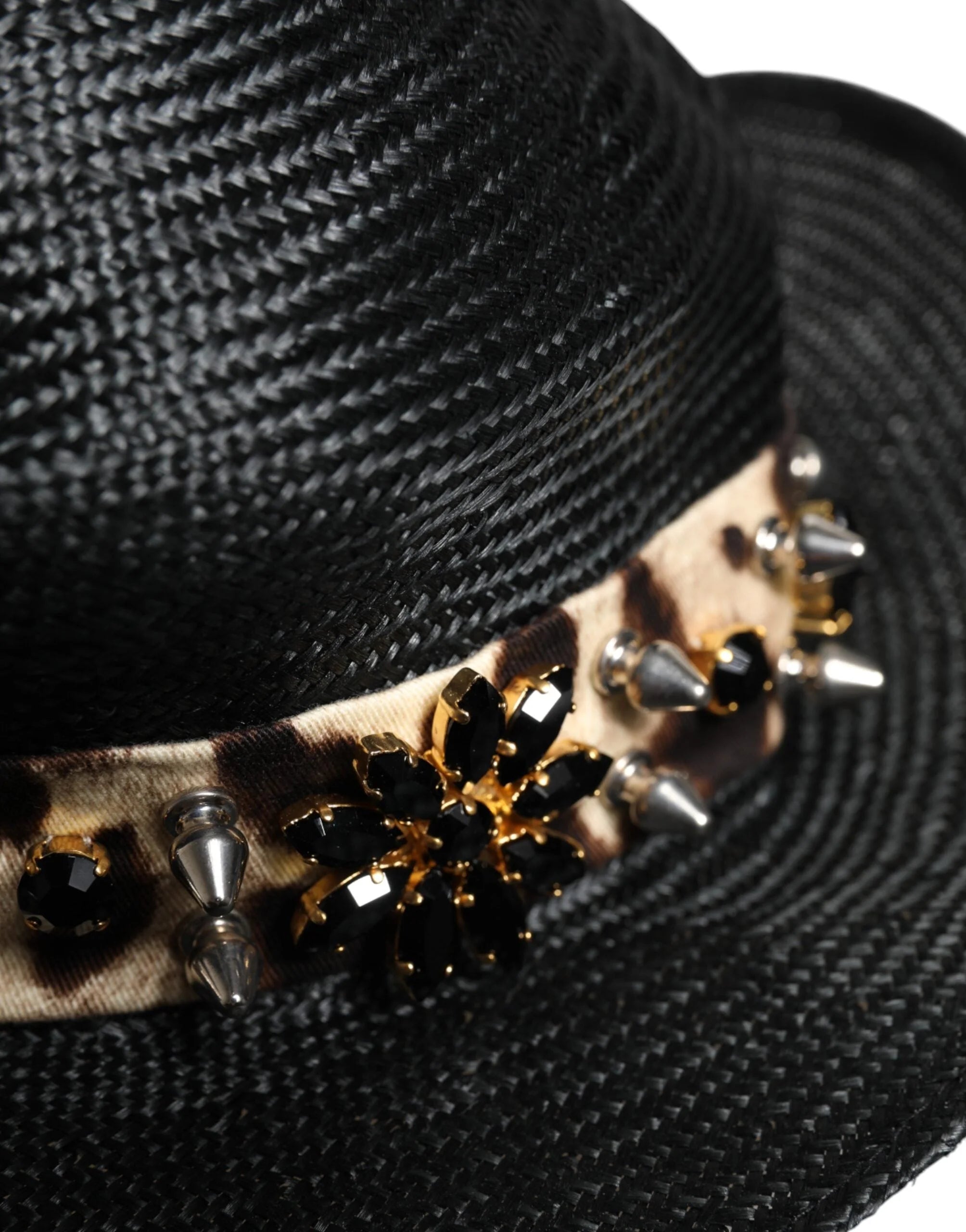 Dolce & Gabbana Black Straw Crystal Embellished Wide Brim Hat - Sun Hats