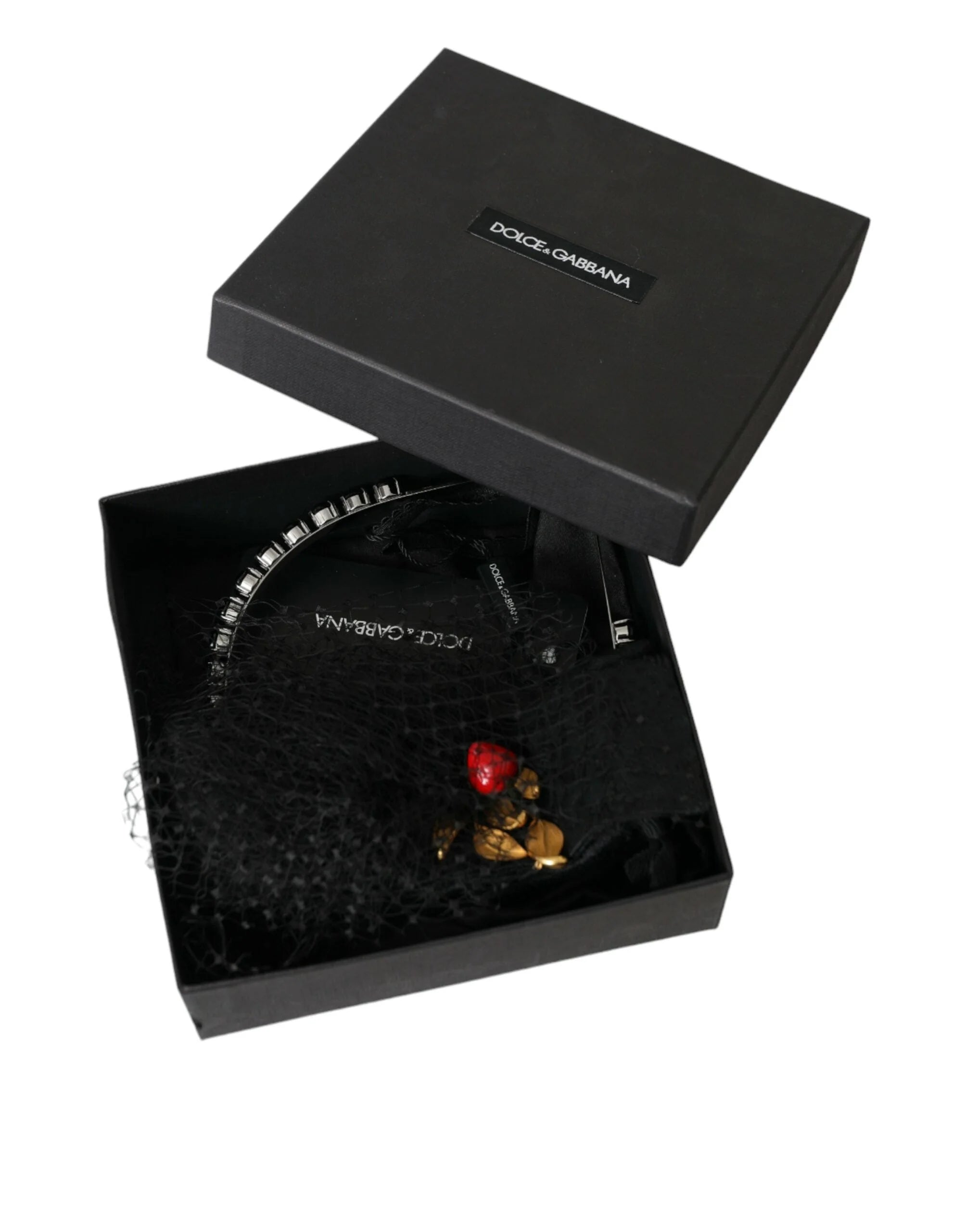 Dolce & Gabbana Black Strawberry Sicily Crystal Mesh Net Headband Diadem - Headbands