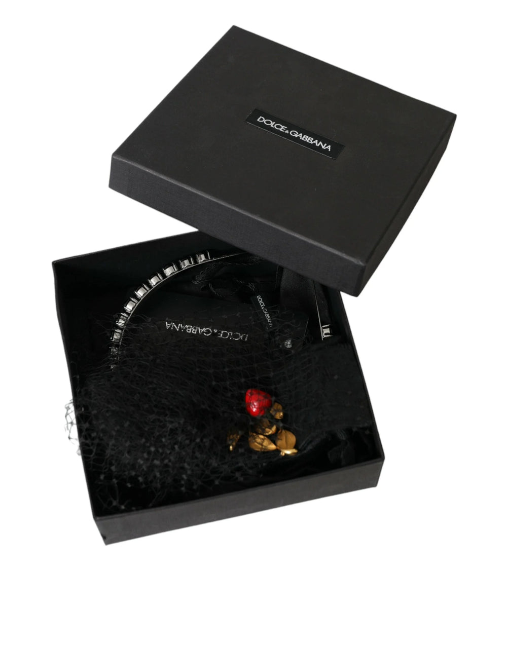 Dolce & Gabbana Black Strawberry Sicily Crystal Mesh Net Headband Diadem - Headbands