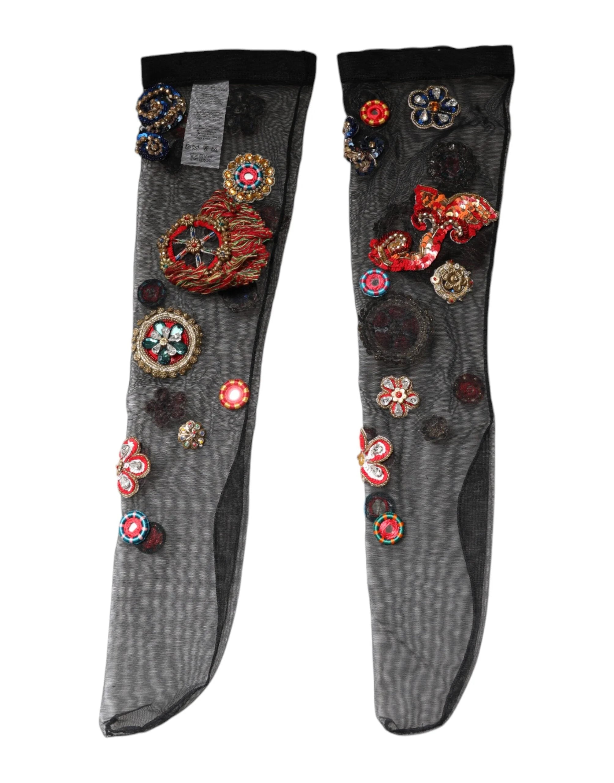 Dolce & Gabbana Black Stretch Carretto Crystal Stockings Socks - M