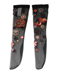 Dolce & Gabbana Black Stretch Carretto Crystal Stockings Socks - M