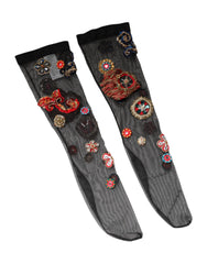 Dolce & Gabbana Black Stretch Carretto Crystal Stockings Socks - M