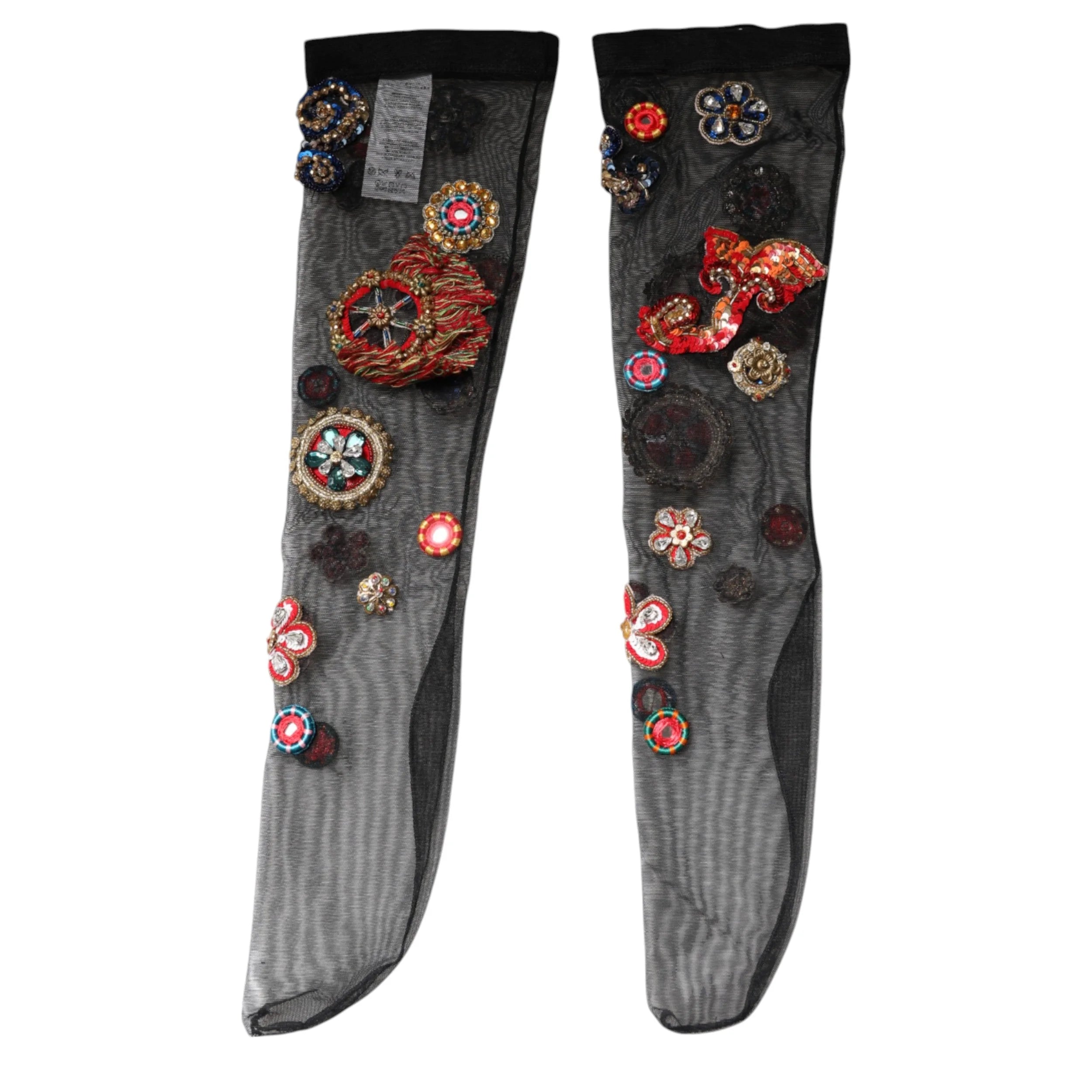 Dolce & Gabbana Black Stretch Carretto Crystal Stockings Socks - M