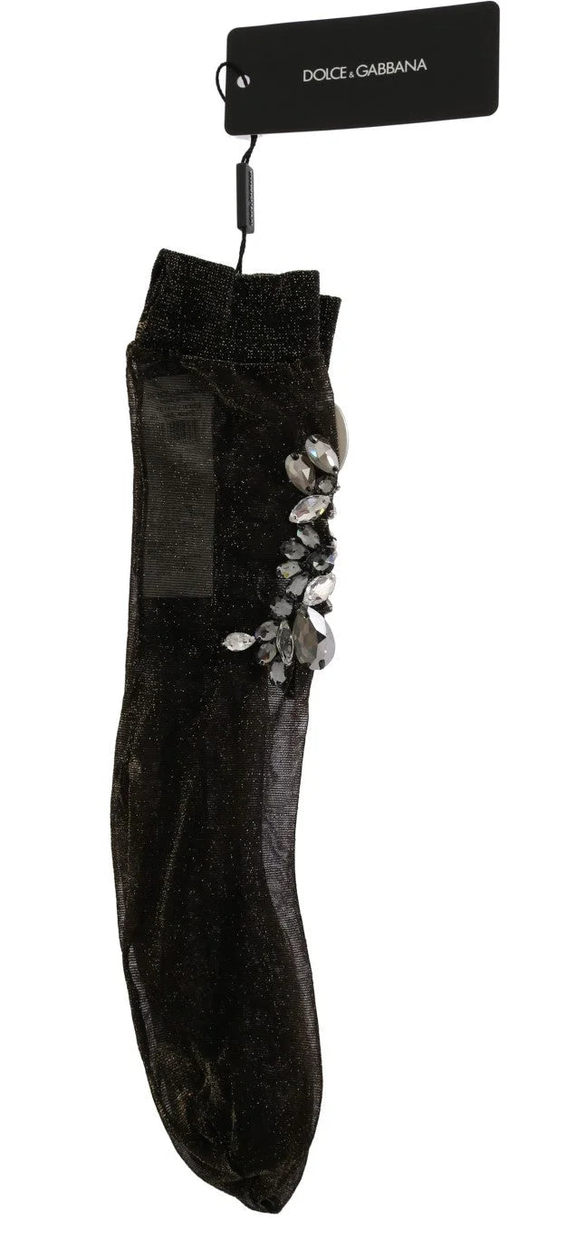 Dolce & Gabbana Black Stretch Floral Clear Crystal Socks - Hosiery