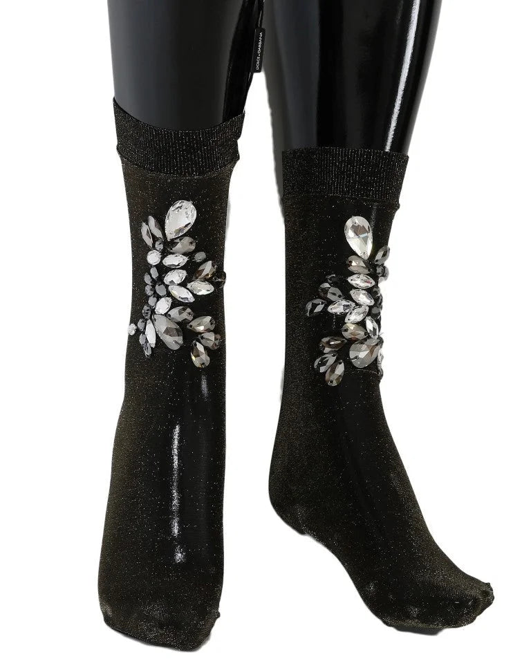 Dolce & Gabbana Black Stretch Floral Clear Crystal Socks - Hosiery