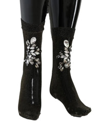 Dolce & Gabbana Black Stretch Floral Clear Crystal Socks - Hosiery