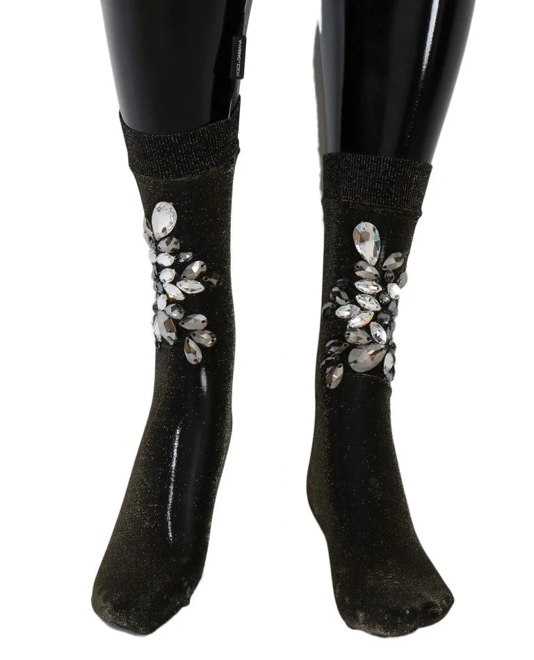 Dolce & Gabbana Black Stretch Floral Clear Crystal Socks - Hosiery
