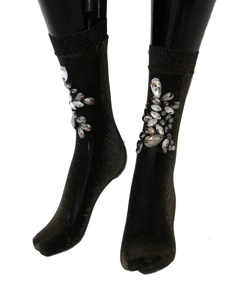 Dolce & Gabbana Black Stretch Floral Clear Crystal Socks - Hosiery