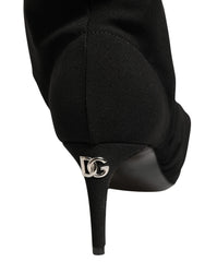 Botine negre Dolce & Gabbana din material elastic tricotat cu vârf ascuțit și toc stiletto înalt.