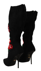 Dolce & Gabbana Black Stretch Socks Red Roses Booties Shoes - Boots