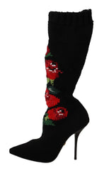 Dolce & Gabbana Black Stretch Socks Red Roses Booties Shoes - Boots