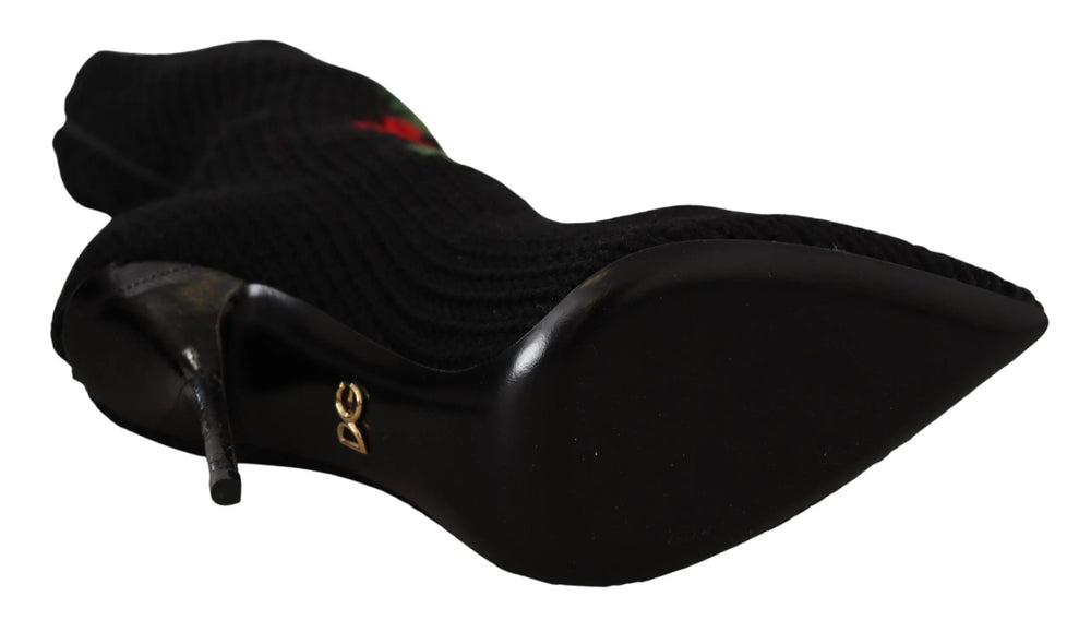 Dolce & Gabbana Black Stretch Socks Red Roses Booties Shoes - Boots
