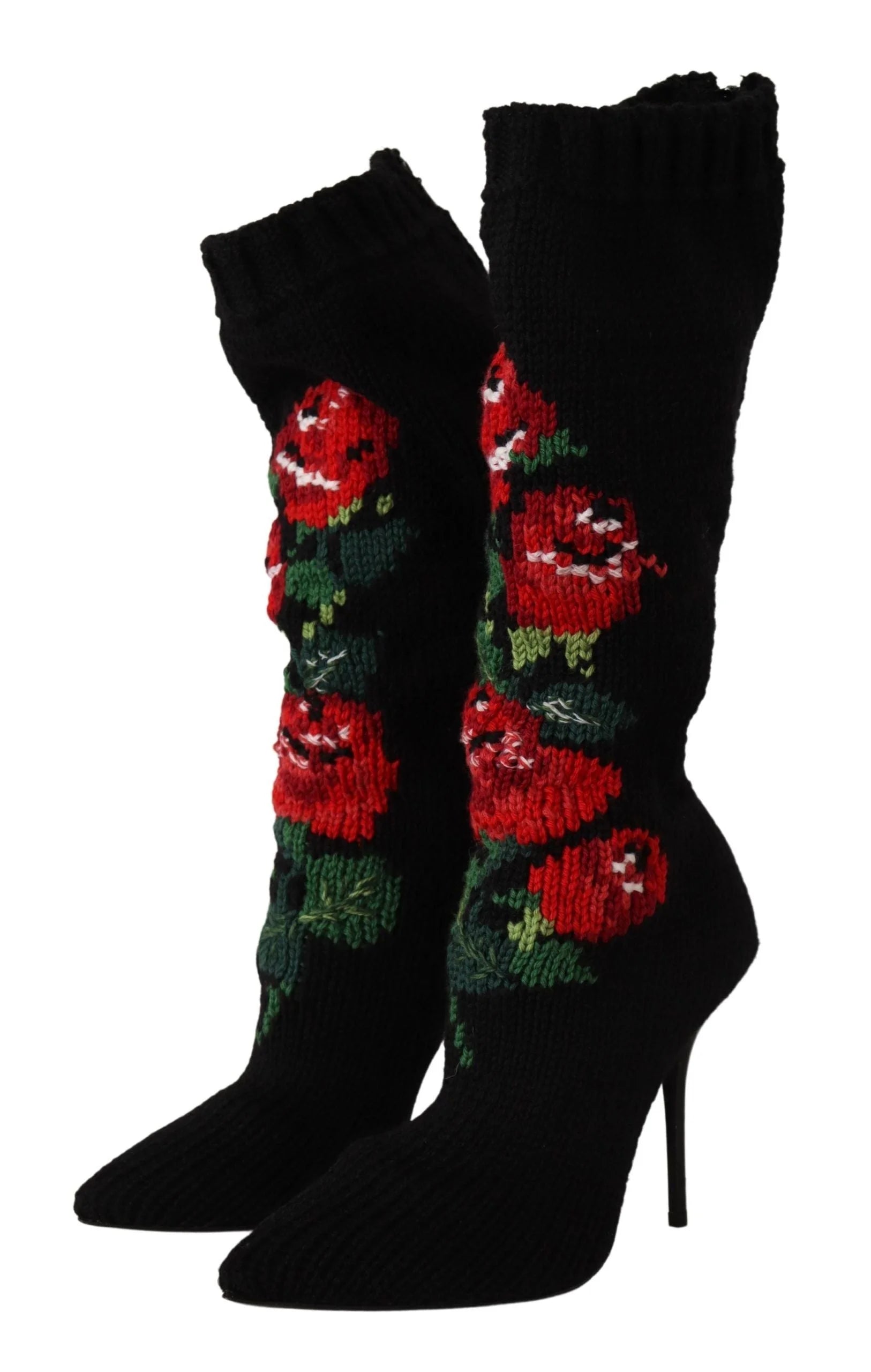 Dolce & Gabbana Black Stretch Socks Red Roses Booties Shoes - Boots