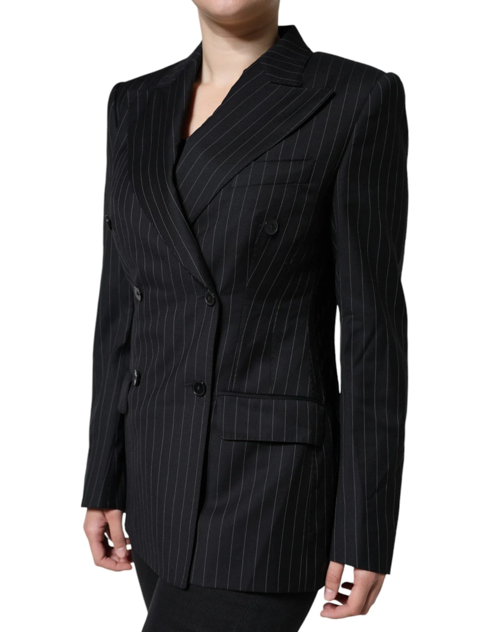 Dolce & Gabbana Black Striped Double Breasted Coat Jacket - IT44 | L - Sport Jackets