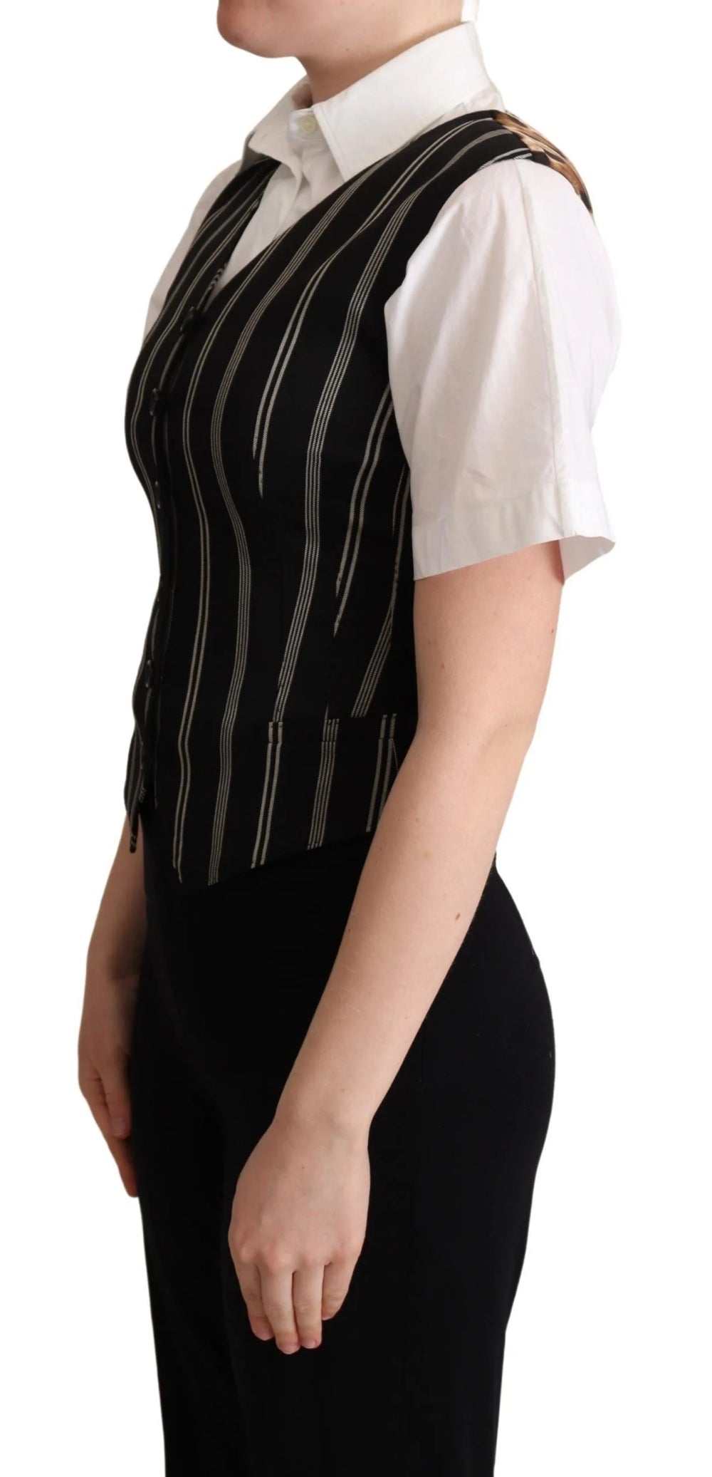 Dolce & Gabbana Black Striped Leopard Print Waistcoat Vest - IT40|S - Vests