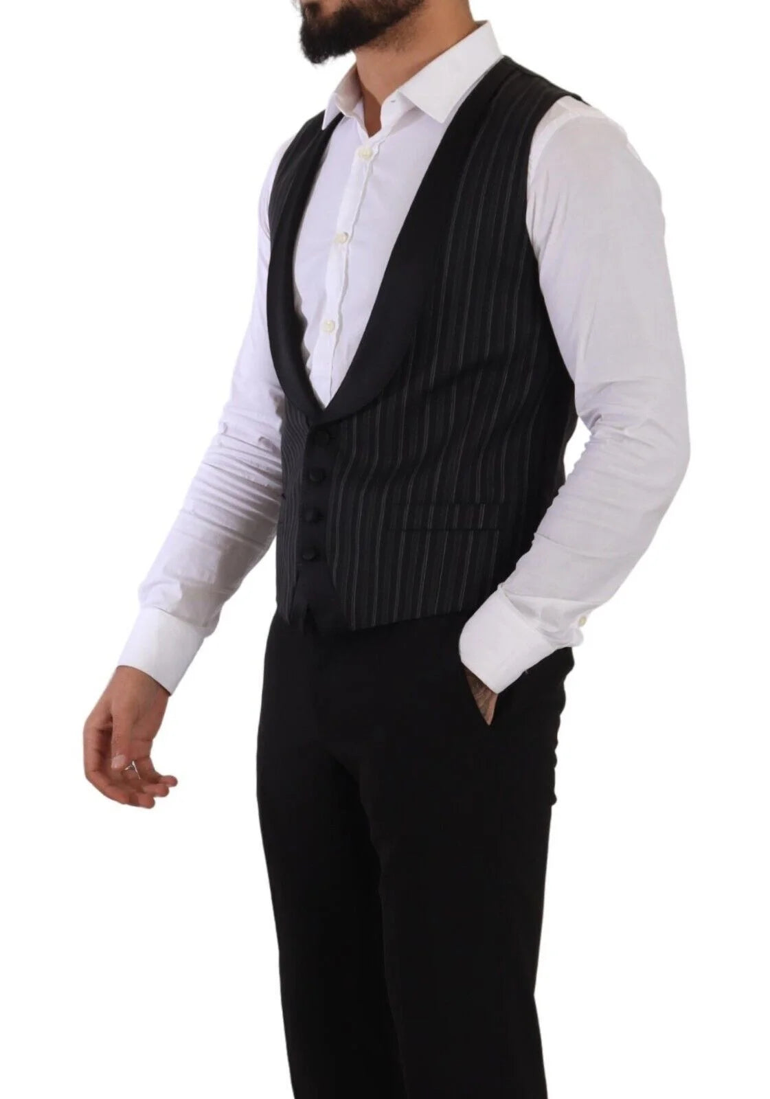 Dolce & Gabbana Black Striped Wool Silk Waistcoat Vest - IT48 | M - Vests